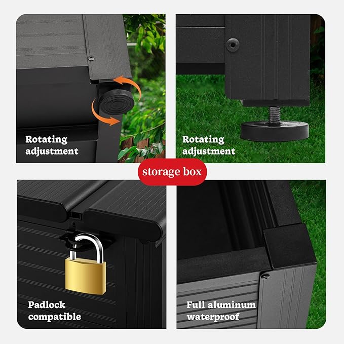TECSPACE 55 Gallon Aluminum Deck Box, IP65 Waterproof Level Patio Storage Box, 221 Lbs Bearing Capacity, for Pool & Sports Equipment & Garden Tools Storage (Black)