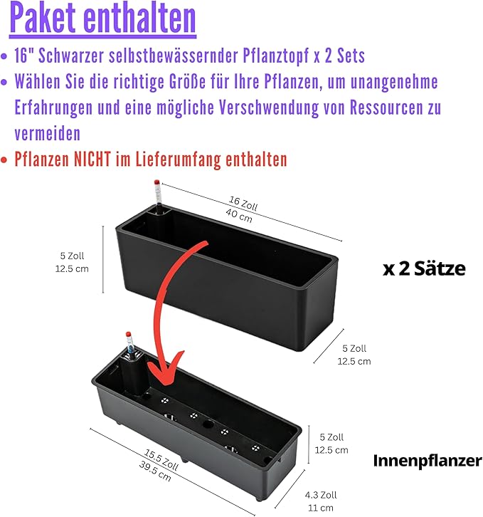 LaLaGreen Planter Box for Indoor Plants (16 Inch, 2 Pack) Black Rectangular Self Watering Flower Pot, Large Window Boxes Planters with Drainage Decorative Modern Balcony Windowsill Herbs Home Garden