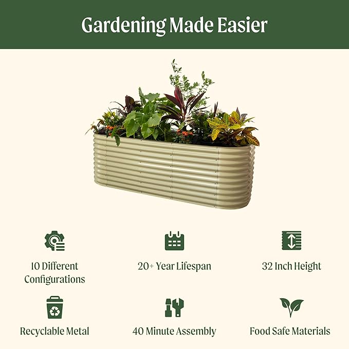 32" Extra Tall Raised Garden Bed Kits, 4 x 8 x 2.7ft Raised Planter Box Outdoor, 2.5 x 9.5 x 2.7ft Deep Root 10 in 1 Modular Metal Raised Beds for Gardening Vegetables Flowers Fruits - Pearl White