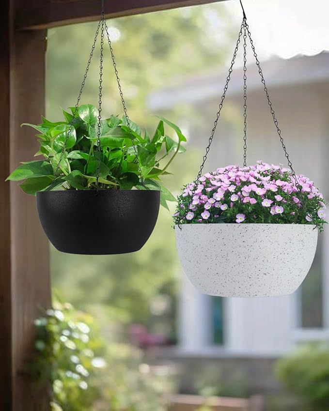 vensovo 12 Inch Large Hanging Planters for Outdoor Plants - 2 Pcs Plastic Hang Planter Flower Pot Baskets with Drainage Holes and Chain, Plant Pots for Home Garden Decor, White with Dot