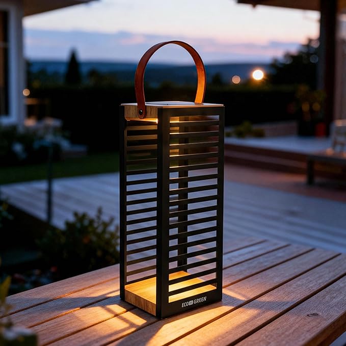 Solar Lantern with Handle - Outdoor Metal Solar Light (7.87×19.69"), Waterproof & Rustproof, 8H Auto-On Warm White Light, Portable for Patio, Porch, Balcony & Garden Decor (Black)