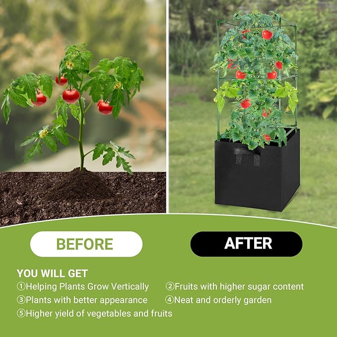 2 Pack Tomato Cages with 17 Gallon Grow Bags, 47” Heavy Duty Square Tomato Plant Stakes Support Cages Trellis for Garden Climbing Vegetables Flowers Fruits (47IN Tall, Extra-Bold)