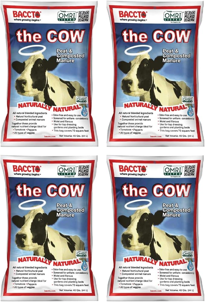 Michigan Peat Baccto 1640 Wholly Cow Horticultural Compost and Manure for Soil Amendment, Lawn Care, & Garden Beds, 40 Quart Bag (4 Pack)