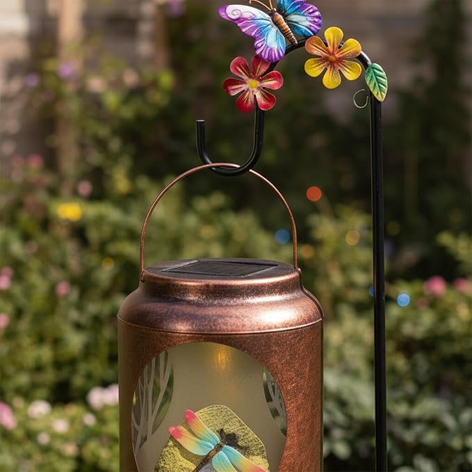 Solar Lanterns Outdoor Waterproof Metal Dragonfly Patterns with Resin Dragonfly Inside Garden Decor Gifts for Women Mom Grandma Hanging Solar Lights Decoration Outside for Yard, Patio, Backyard, Porch