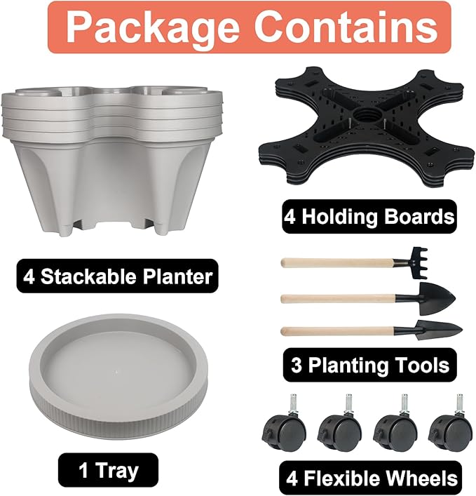GameXcel Vertical Planter 4 Tier Stackable Planters Garden Planters Strawberry Herb Flower and Vegetable Planter Indoor Outdoor Gardening Pots with Removable Wheels and Tools