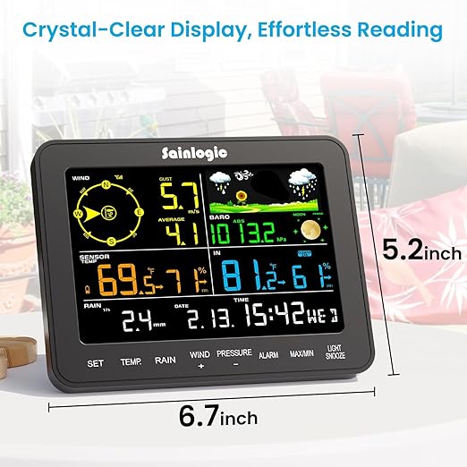 Sainlogic Weather Stations Wireless Indoor Outdoor SA6, Weather Station with Rain Gauge and Wind Speed, Weather Forecast, Temperature, Air Pressure, Humidity, Moon Phase, Alarm Clock(No WiFi)