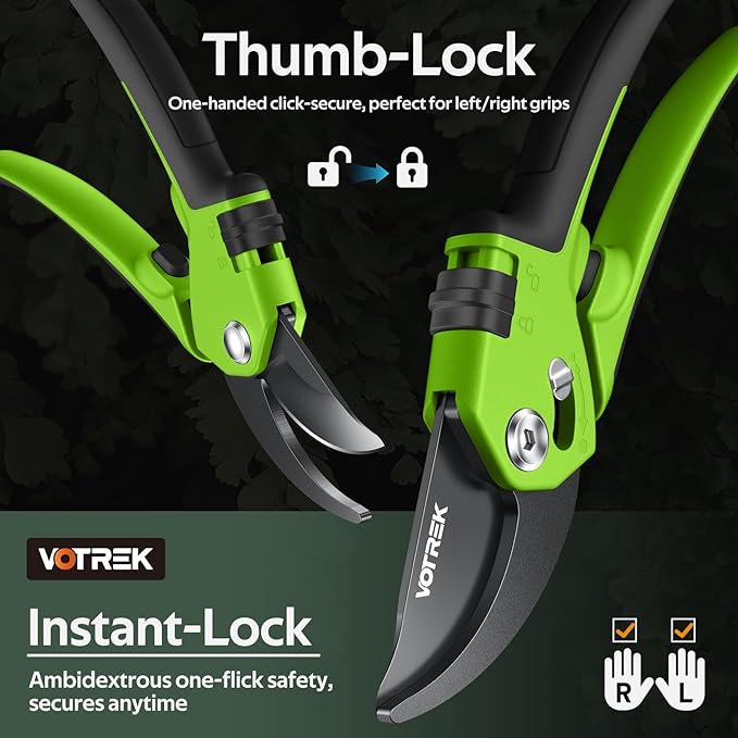 VOTREK Pruning Shears for Gardening, [Patented Stepless Handle Opening] - Garden Clippers with Ultra-Sharp SK5 Steel for Weak Hand, Universal Fit for All Hand Sizes, Effortlessly Cuts 1-Inch Branches