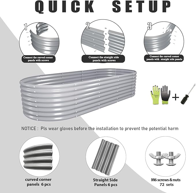 8 Pack 8x3x2FT Galvanized Raised Garden Bed Kit Oval Metal Ground Planter Box Outdoor Bottomless Planter Raised Beds for Vegetables Flowers Herbs Fruits, Gray