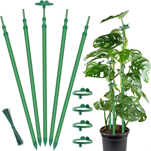 Extendable Plant Stakes,Adjustable Length from 17.9IN to 42.3IN Monstera Support Stakes with Clips,Sturdy Plant Stakes for Indoor Outdoor,Garden Sticks for Tomato,Orchid,Climbing Plants- 5Pack