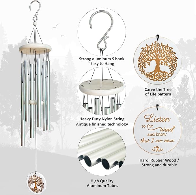 Wind Chimes Outdoors,33" WindChimes for Loss of Loved One,Memorial/Sympathy Gifts for Mother/Unisex/Father,Tree of Life Wind Chimes for Outside Zen Garden Home Yard Decoration (Silver)