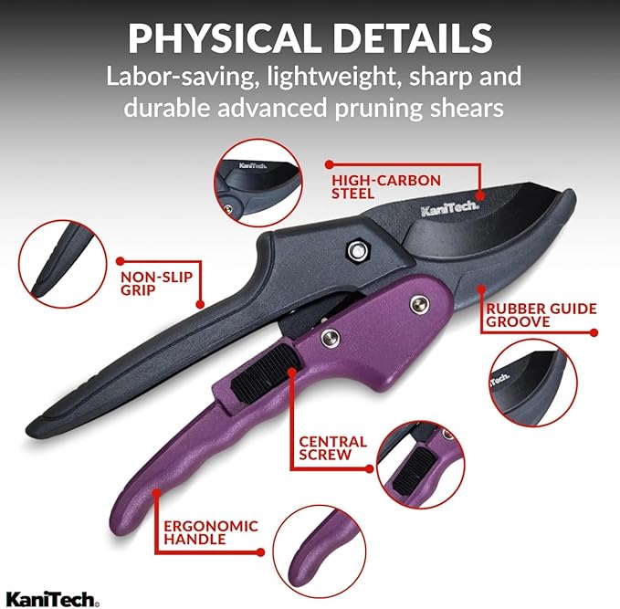 KaniTech Pruning Shears for Gardening with Gloves - Heavy Duty Garden Shears, Aluminum Hand Pruners with TPR Grip Handle, 8 inch 3.55mm Thick Blade - for Branches, Flowers & Plants (Purple)