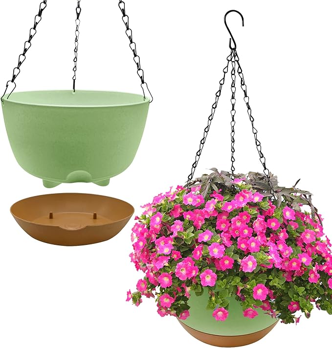 2 Pack Hanging Planters for Outdoor Plants,10 Inch Hanging Pots for Plants Indoor,Plastic Hanging Plant Pots for Outside with Drainage Hole and Removable Saucer for Garden Home