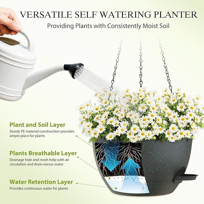 12 Inch Hanging Baskets 2 PC with Chains, Self-Watering Hanging Planters for Indoor Outdoor Plants, Plastic Hanging Flower Pots, Black with Green Speckles