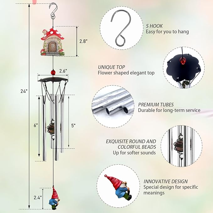 Wind Chimes for Outside 24" Mushroom Wind Chimes Outdoor Home Patio Garden Decor Windchimes Outdoors Gift Ideas for Women Mom Grandma Sisters