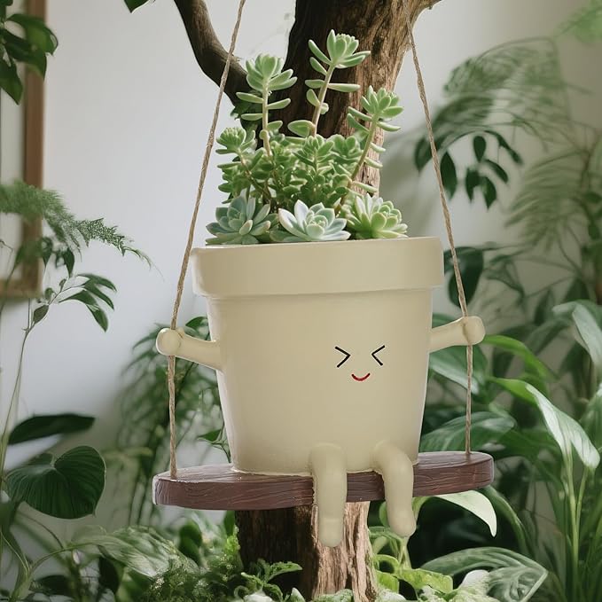 Swing Face Planter Pot Hanging Cute Flower Head Planter Without Hole, Unique Sitting Sway Pots for Indoor/Outdoor Plants, Succulent & String of Pearls Planters for Mother