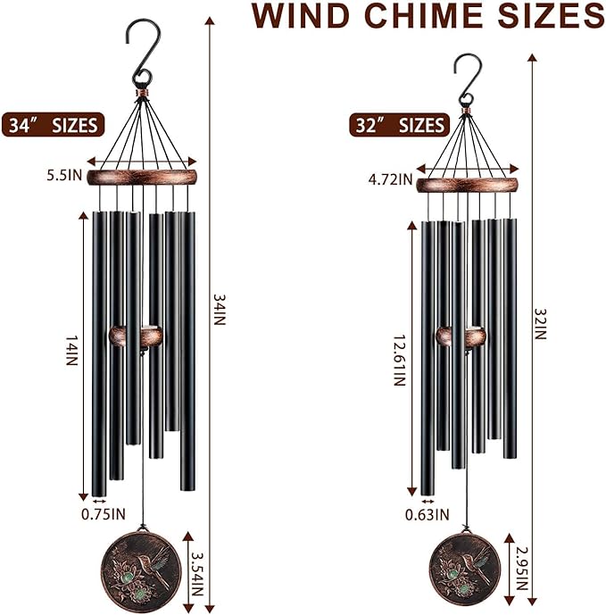 Wind Chimes for Outside, Vintage Hummingbird Deep Tone Wind Chime Outdoor Clearance, Patio Porch Balcony Decoration, Garden Hanging Decor Gifts for Women Mom Grandma (34" Hummingbird)