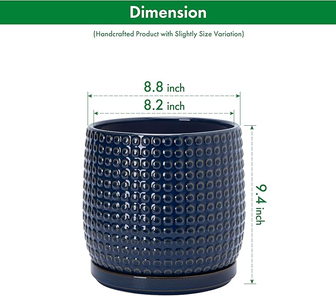 D'vine Dev 8 Inch Ceramic Beaded Stoneware Planter Pot - Flower Pot with Drainage Holes and Saucers for Indoor Succulent Plants or Flowers, Midnight Blue, 27-C-Q-3