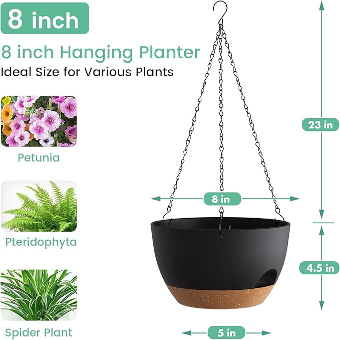 UOUZ 4 Pack 8 Inch Self Watering Hanging Planters for Indoor Outdoor Plants，Hanging Pots for Plants with Drainage Removable Tray, Hanging Baskets Flower Pots for Pothos Spider Garden Black with Brown
