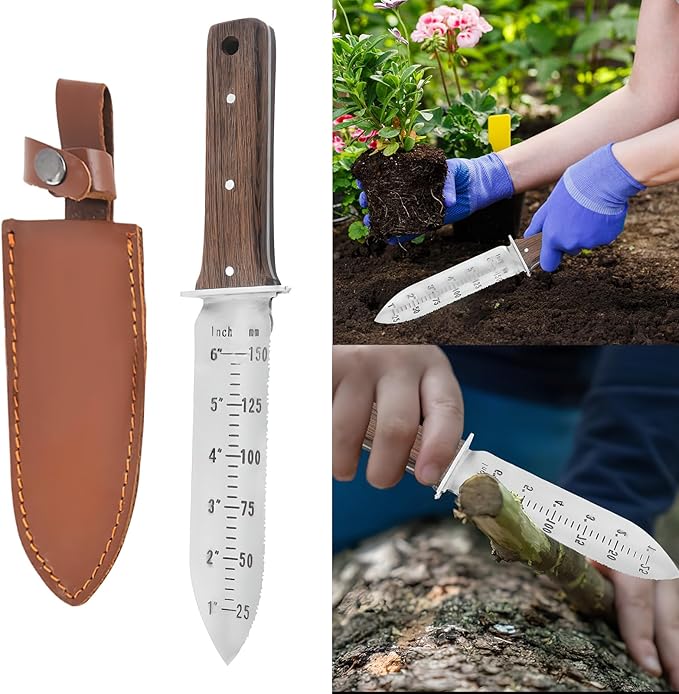 Garden Shovel Saw,Multifunctional Manual Weeding Tool for Weeding,Digging,Pruning,Cultivating, 7" Stainless Steel Blade with Sheath, Full-Tang Wood Handle with Hanging Hole (Black)