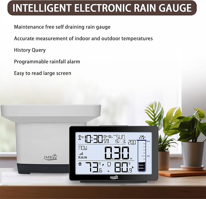 Wireless Rain Gauge Outdoor, Digital Rain Gauge Outdoors Best Rated with Thermometer,Accurate Self-Emptying Rain Measure Gauge for Garden,Remote Electronic Rain Meter,Freeze Proof Rainfall Measurer