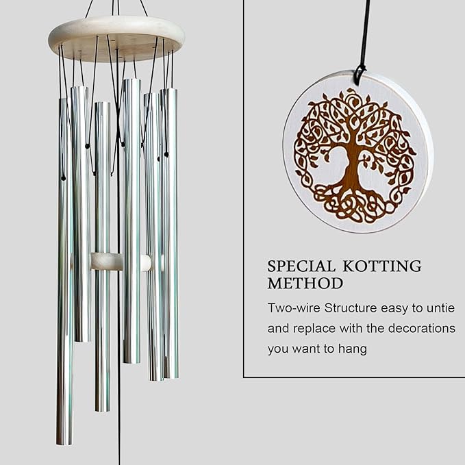 Wind Chimes Outdoors,33" WindChimes for Loss of Loved One,Memorial/Sympathy Gifts for Mother/Unisex/Father,Tree of Life Wind Chimes for Outside Zen Garden Home Yard Decoration (Silver)