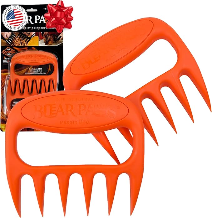 Bear Paws Meat Claws - The Original Meat Shredder Claws for Pulled Pork, USA Made - Easily Lift, Shred, Pull and Serve Pork, Chicken, Brisket and Turkey - Gift for Dad on Christmas! (Orange)