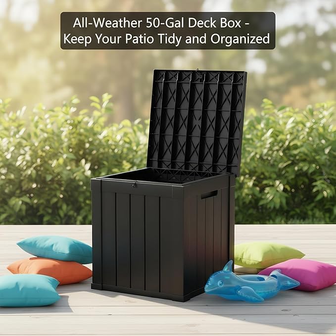 50 Gallon Resin Deck Box with Lockable Lid - Outdoor Waterproof Storage for Patio Furniture, Garden Tools, Cushions & Pool Accessories, Wood Grain Design, All-Weather Durable