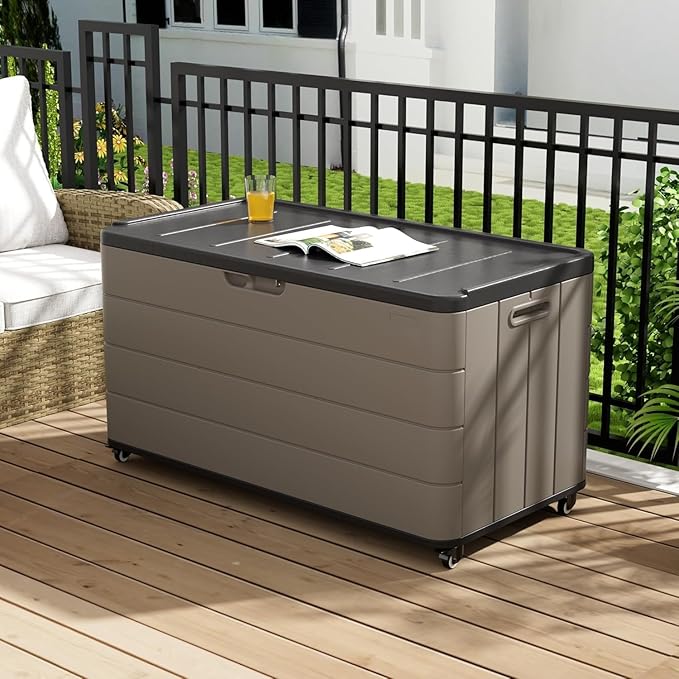 100GAL Square Storage Box (With Wheels) Grey，Wheeled Footlocker，Waterproof Resin Storage Bin for Patio Cushions