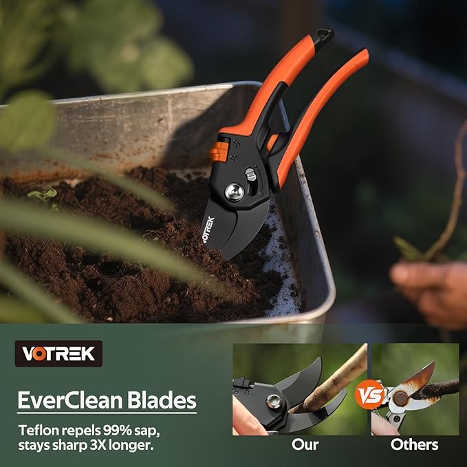 VOTREK Pruning Shears, [Patented Stepless Handle Opening] - Garden Clippers with Ultra-Sharp SK5 Steel for Weak Hand, Pruners Universal Fit for All Hand Sizes, Effortlessly Cuts 1-Inch Branches