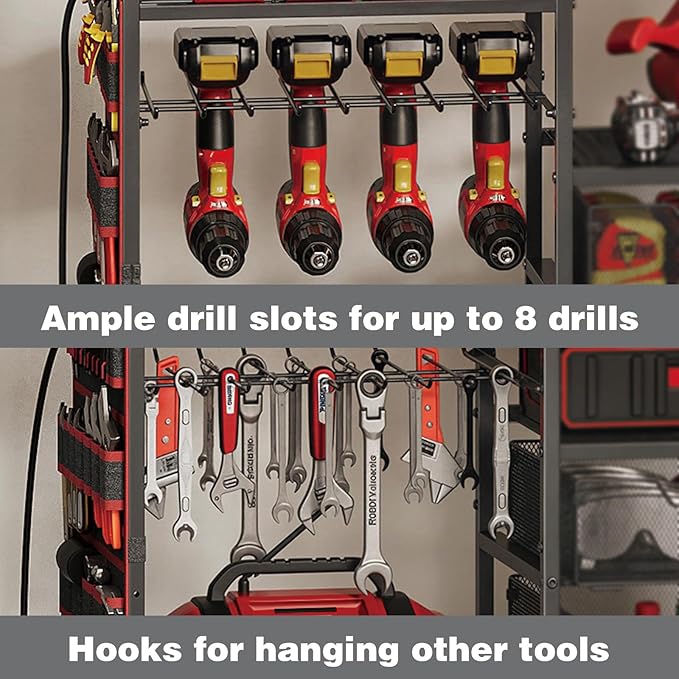 Large Power Tool Organizer Cart with Charging Station, 8 Slots for Cordless Drill Holder with Drawers, Rolling Storage Cart with 8 Power Outlet Heavy Duty Garage Organizer with Wheels for Men