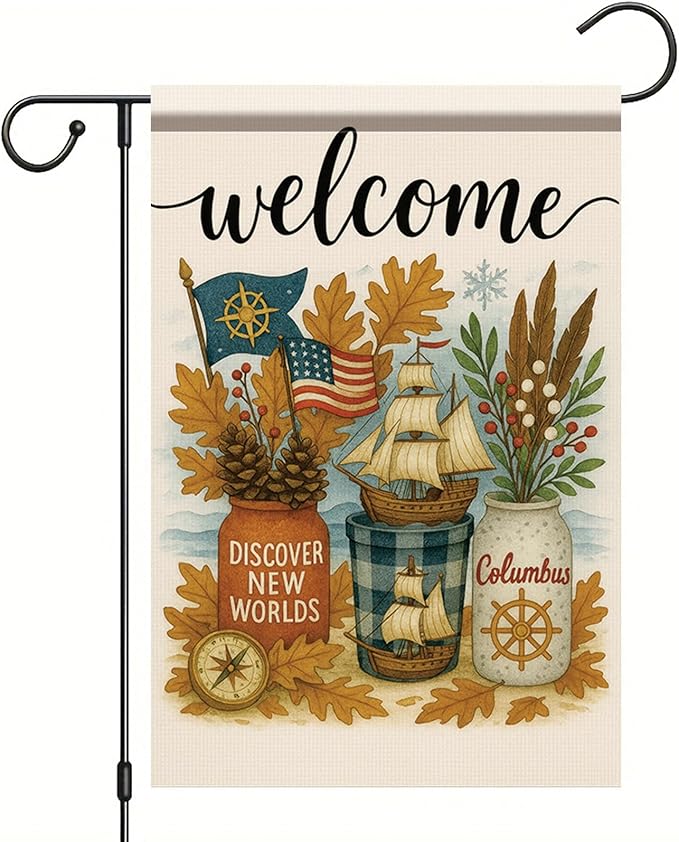 12x18 Inch Columbus Day Garden Flag Welcome Double Sided Yard Banner Discover New Worlds Autumn Ship Outdoor Decor for Porch Lawn Pathway Seasonal Patriotic Nautical Thanksgiving Decor
