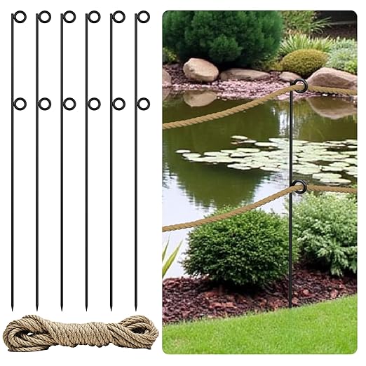 6 Pack 42" Metal Rope Stakes with 50ft Jute Rope, Black Powder-Coated Garden Border Poles with Pointed Ends for Flower Beds, Trees, Paths & Walkway Fencing