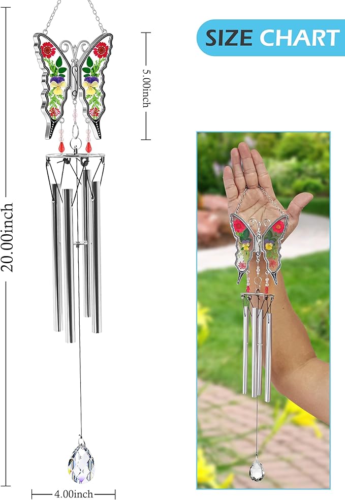 KY&BOSAM Butterfly Wind Chime for Outside with Crystal Sympathy Wind Spinner Wind Chimes Memory Memorial Wind Chime for Loss of Loved One Mother Father Condolence Gift Home Outdoor Garden Patio Decor