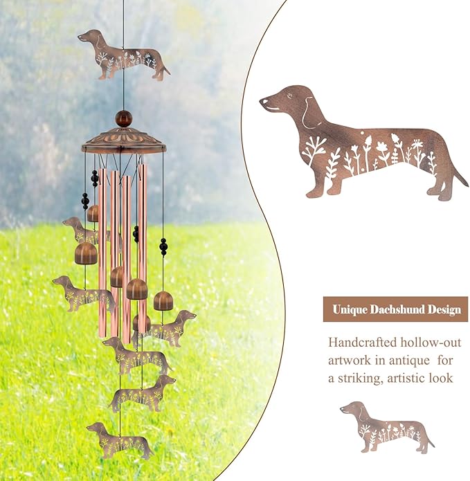 Dachshund Wind Chimes for Outside, Metal Wiener Dog Gifts for Women/Men, Doxie Mom Birthday Memorial Windchimes Outdoors, Funny Dog Lover Garden Decor for Patio Yard, Durable Pet Loss Sympathy Gift