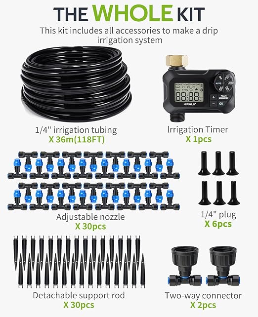 HIRALIY 118FT Greenhouse Misting Drip Irrigation Kit with Garden Timer, Quick Connector Design Automatic Irrigation System, Hanging Plant Watering System, with Tubing, Misting Nozzles, and Water Timer