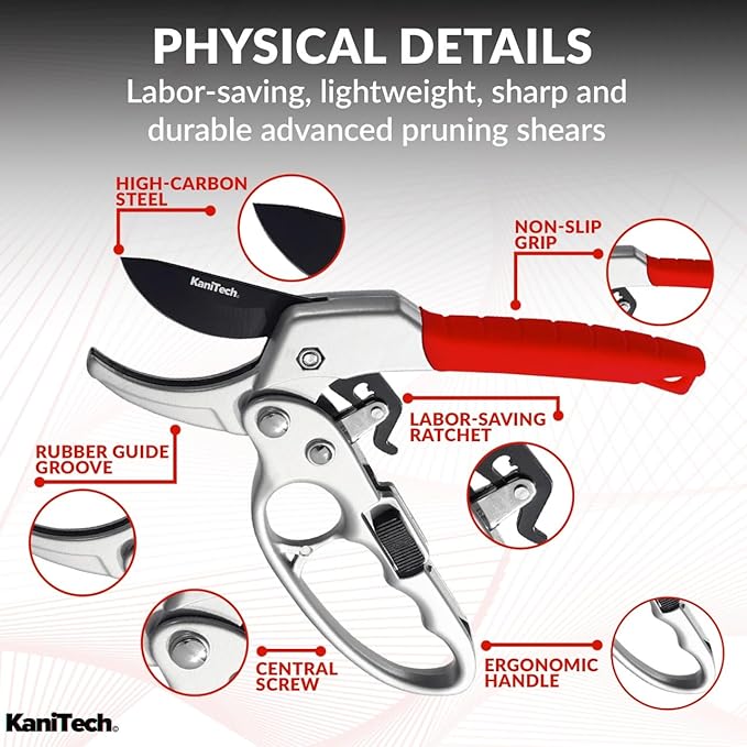 KaniTech Pruning Shears for Gardening with Gloves - Heavy Duty Garden Shears, Aluminum Hand Pruners with TPR Grip Handle, 8 inch 3.55mm Thick Blade - for Branches, Flowers & Plants (Red)