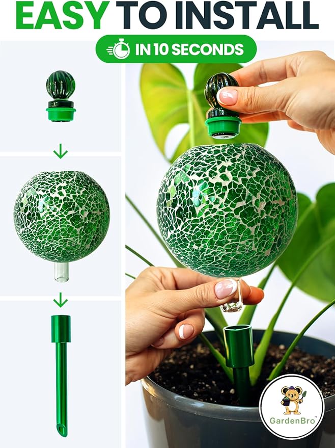 16 Oz Plant Watering Globes for Indoor Plants with Metal Self Watering Planter Insert - Premium XL Glass Hand-Blown Globe - Automatic Plant Waterer Indoor, Gift Idea for Gardeners [1 Globe, Mosaic]