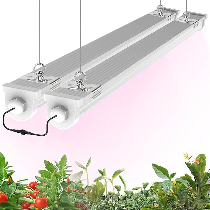 JESLED Waterproof Plant Grow Lights, 4FT Full Spectrum Grow Light, 96W(2 X 48W,600W Equiv), Linkable Led Grow Light Strip for Greenhouse, Plant Shelves, Plug and Play, Pinkish White, 2-Pack