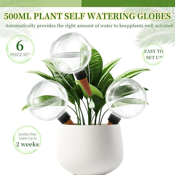6 Pack Self Watering Globes for Indoor Plant Plastic Water Bulbs 17.5 oz Automatic Watering Planter Insert Top Fill with Slow Release Control Plants Watering Devices System, Water Spikes Stakes