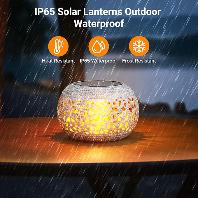 Solar Lanterns Outdoor Waterproof Table Lights: Upgraded Flickering Flame Solar Lights, White Metal Decorative Lantern Gifts for Women Mom, Garden Yard Balcony Indoor Tabletop Decor(2 Modes)