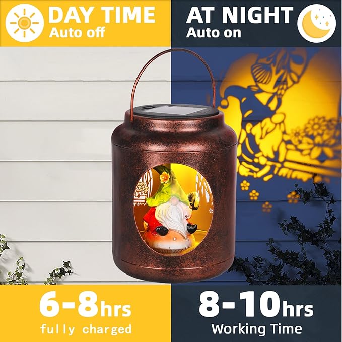 Solar Lanterns Outdoor Waterproof Metal Gnome Patterns with Resin Gnome Inside Garden Decor Gifts for Women Mom Grandma Hanging Solar Lights Decoration Outside for Yard, Patio, Backyard, Porch