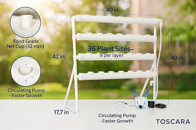 Hydroponic Plant Growing System with Water Pump & Sponges -36 Plant Sites 4 Food Grade PVC Hydroponics Kit! Indoor & Outdoor Planting Growing Stand for Vegetables, Herbs & Leafy Greens 42 inch