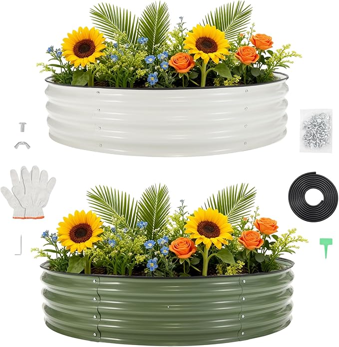 PeakPursuit 4X4x1Ft Galvanized Raised Garden Bed Kit, Metal Raised Garden Bed, Round Planter Box with Open-Ended Base for Vegetables, Flowers, Herbs & Fruits