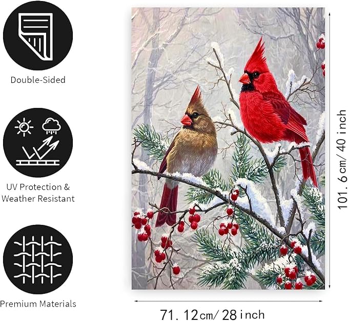 Winter Cardinal Bird House Flags for Outside 28x40 Double Sided Large Christmas Holiday Flags Red Birds on Tree Branch Garden Flag Welcome New Year Yard Flag Farmhouse Outdoor Decor