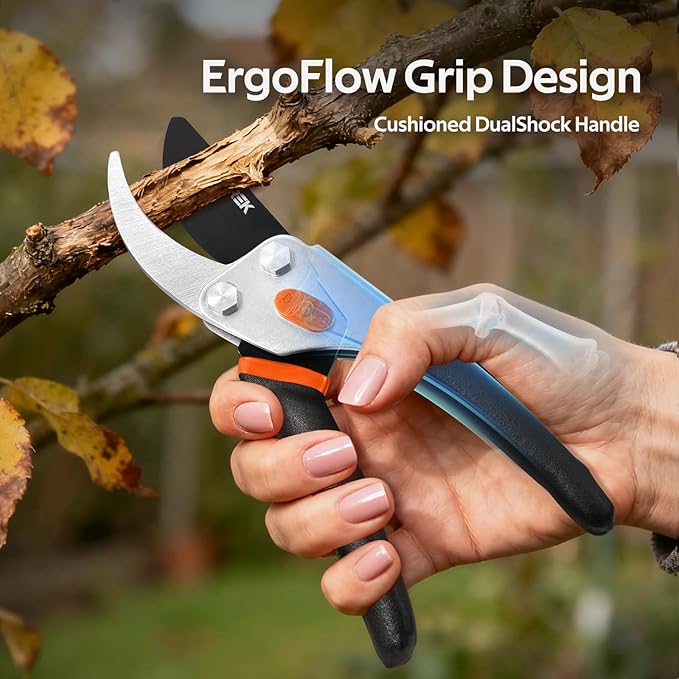Effortless Pruning Shears: Professional 8.5”Garden Pruner with Jam-Proof Spring & Ever-Sharp SK5 Blade, Ergonomic Bypass Clippers for Rose, Tree Trimming & weak Hand, Heavy Duty Pruning Scissor