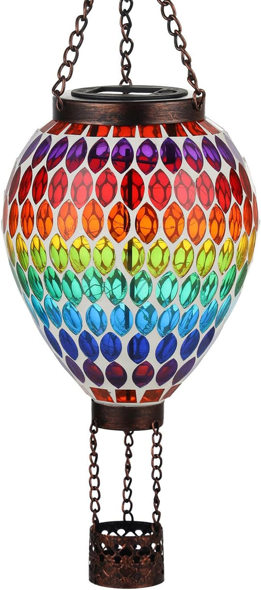 VOREEN Hot Air Balloon Solar Lantern, Handmade Mosaic Solar Outdoor Hanging Wind Light, Waterproof, Patio Festive Decor, Gift for Mom Wife Friend, Rainbow Pattern