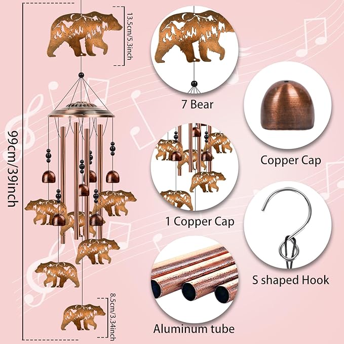 Bear Wind Chimes for Outside - Bear Gifts for Women Men, Memorial Wind Chimes for Home Outdoor Garden Patio Yard Porch Decor, Mom Grandma Birthday Mother's Day Idea