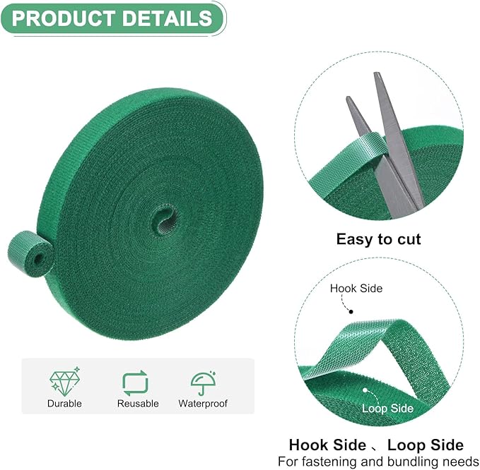 6-Roll Garden Plant Tape, 33 ft x 0.5 in Garden Hook and Loop Plant Ties Multi-Purpose Use Adjustable and Reusable Twist Wire Tape for Plants/Flowers/Vines [Green]