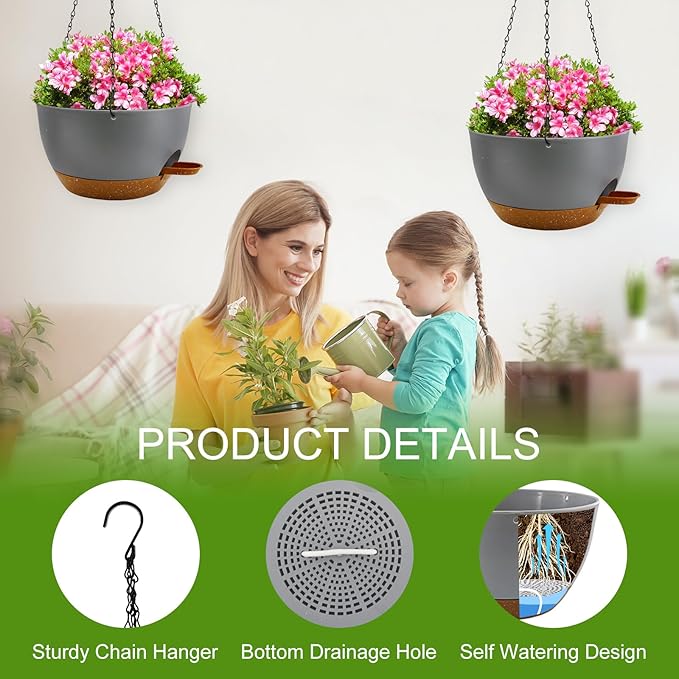 12 inch Hanging Planters for Indoor Plants, 2 Pack Self-Watering Hanging Planter Pots with Chain and Drainage Holes, Outdoor Plastic Hanging Baskets for Garden Home Decor
