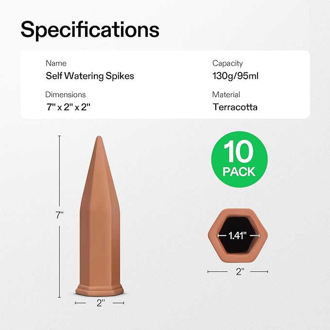 VIVOSUN 10Pcs Self-Watering Spikes, 7 Inch Hexagonal Terracotta Watering Stakes, Auto-Water Device, Planter Insert for Indoor & Outdoor Potted Plants, 20-Pack